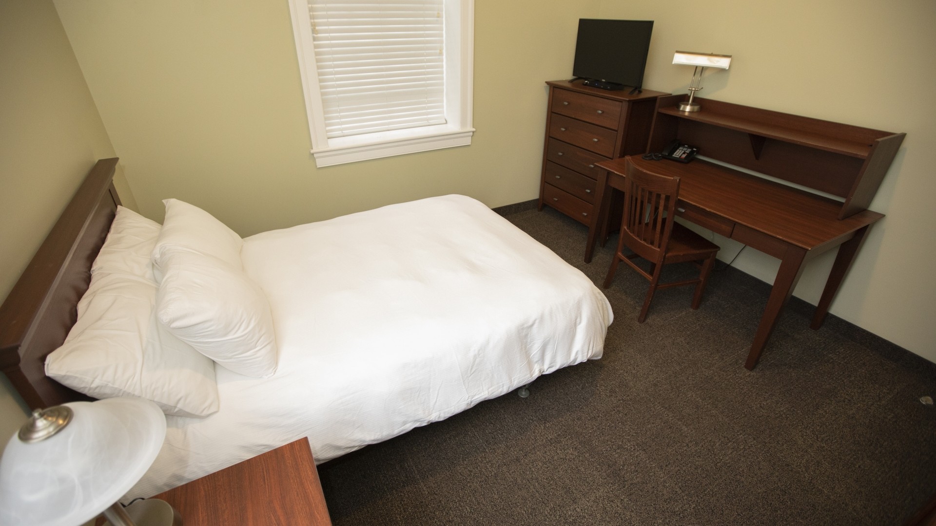 Governors Hall single room with a double bed, bedside table, desk, dresser and TV. 