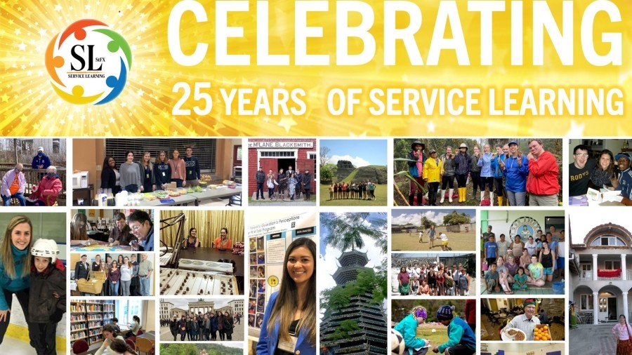 A poster (celebrating 25 years of service learning) with a mosaic of images
