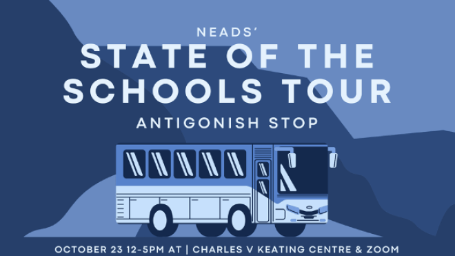 The words State of the Schools Tour above a bus all in blue