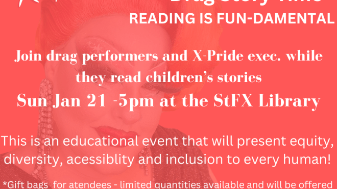 Promotional poster for drag story time in the Angus L. Macdonald Library.