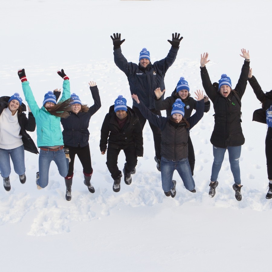 Group of people jumping from joy in the snow