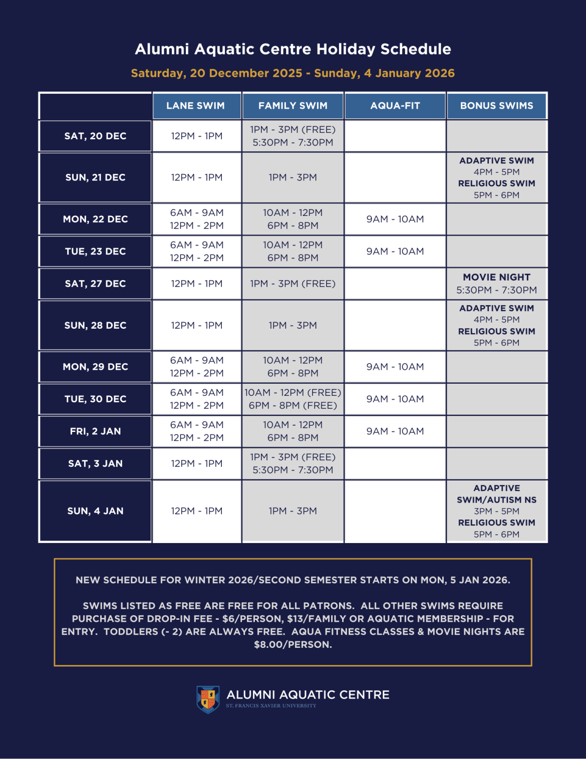 Holiday pool schedule 2025