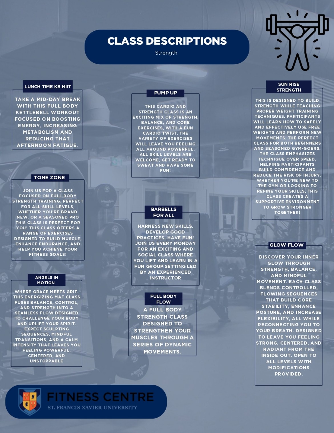 Class descriptions of group fitness strength and conditioning classes