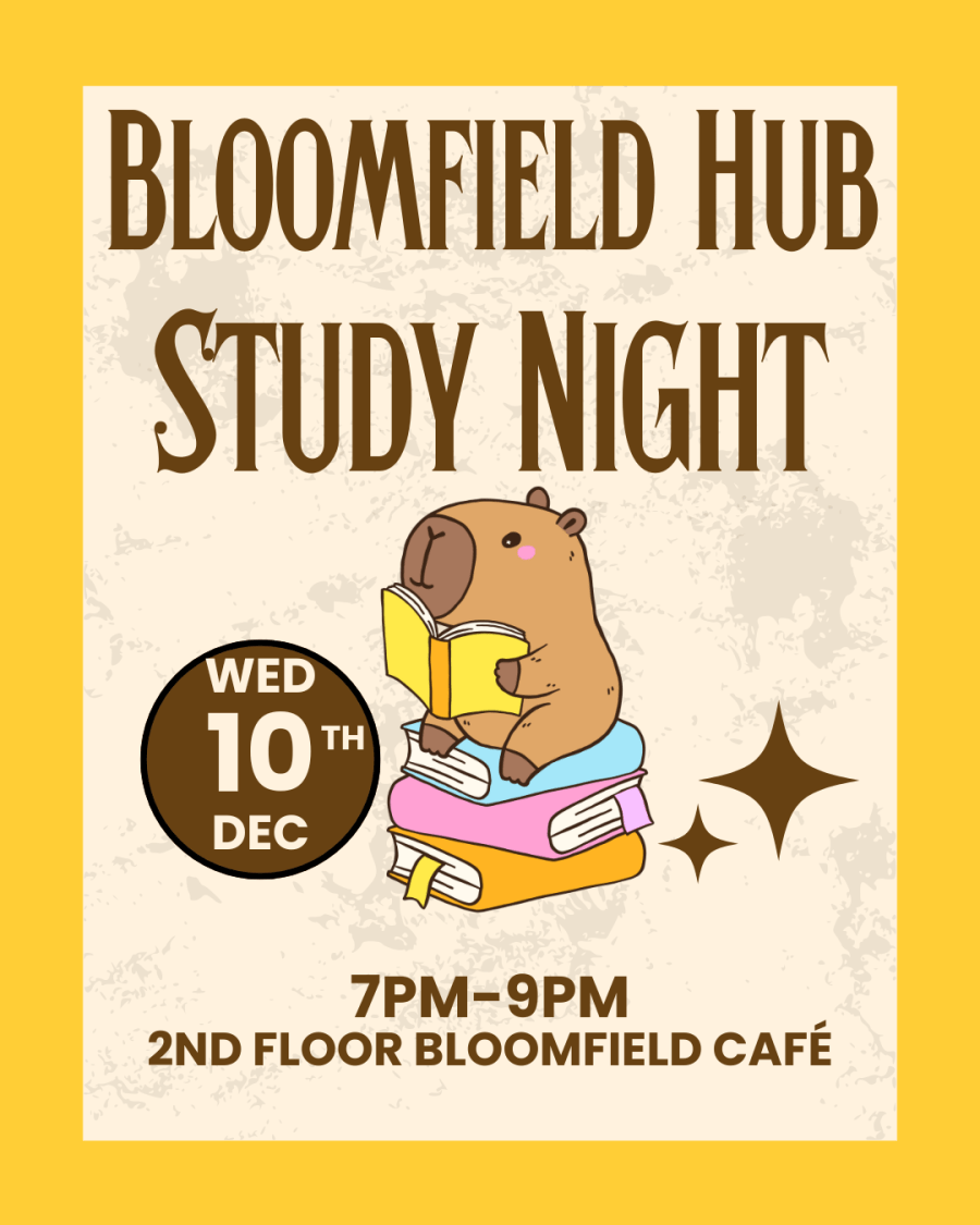 Beige background with yellow border, cute animal reading a yellow book, sitting on a stack of books text inviting to December 10th Study Night at Bloomfield Hub