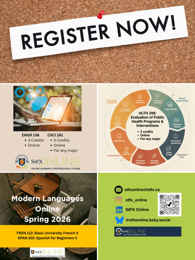 Bulletin board background at top. Four grids below the top banner. A computer on the right, a chart on the left, cafe tables on the bottom left, social media icons in the bottom right. 