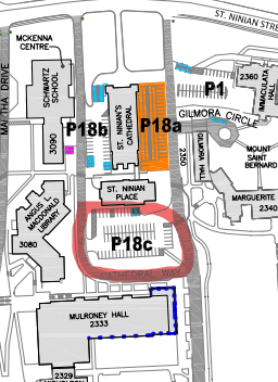 Campus parking map with St. Ninian Place area highlighted