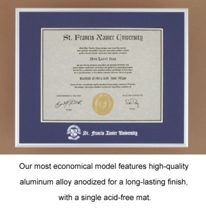 A framed certificate with a blue border and gold trim