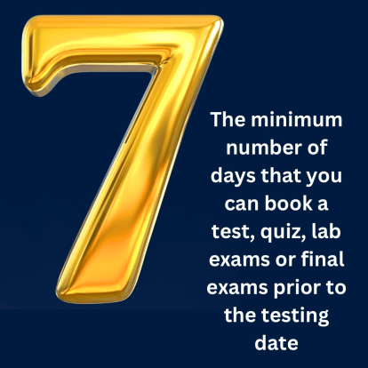 Gold 7 on navy background with white text that says 7 is the minimum number of days to book tests with TCAL