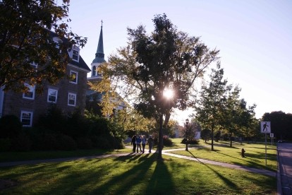 A chapel next to a tree with the sun shining through it