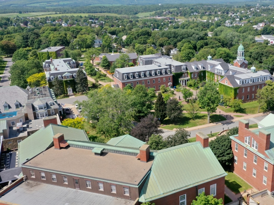 An aerial view of StFX campus including buildings and trees