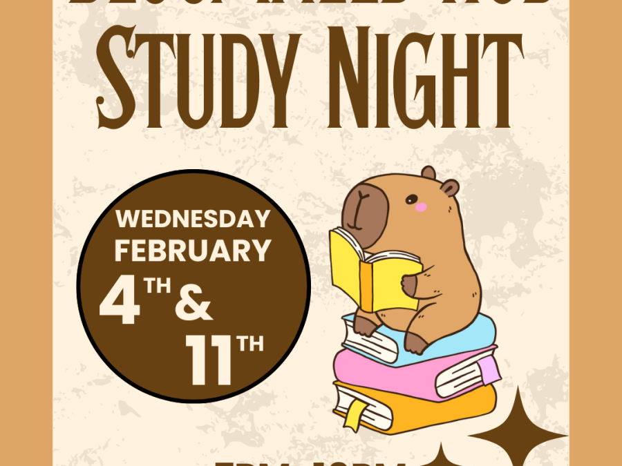 Beige background with dark brown border, cute animal reading a yellow book, sitting on a stack of books text inviting to February 11th Study Night at Bloomfield Hub
