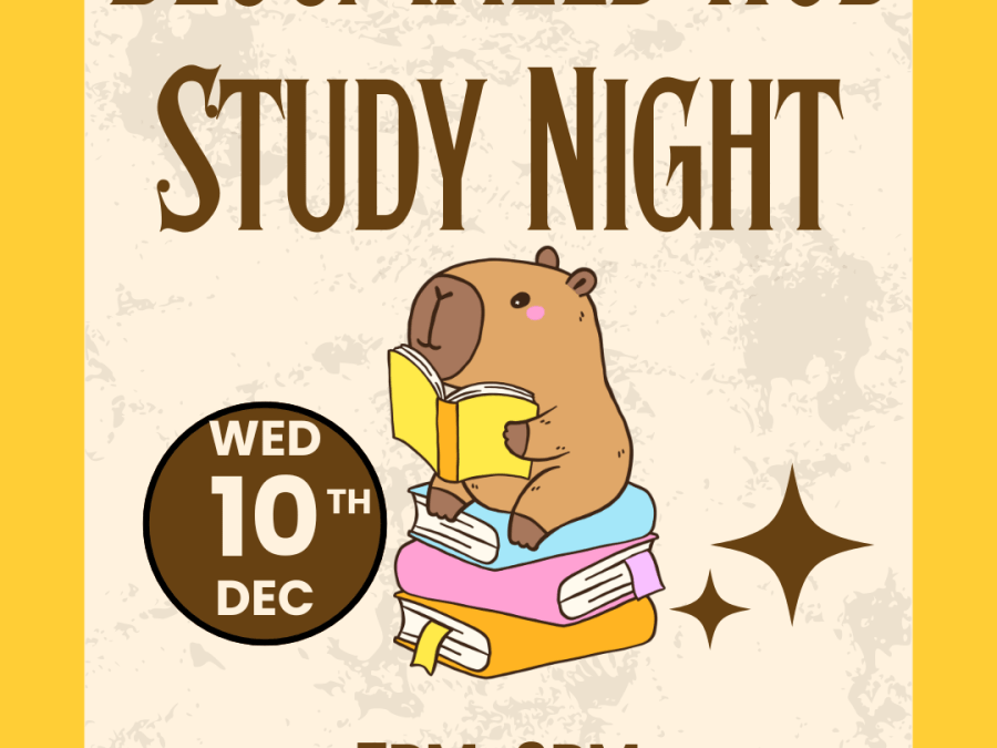 Beige background with yellow border, cute animal reading a yellow book, sitting on a stack of books text inviting to December 10th Study Night at Bloomfield Hub